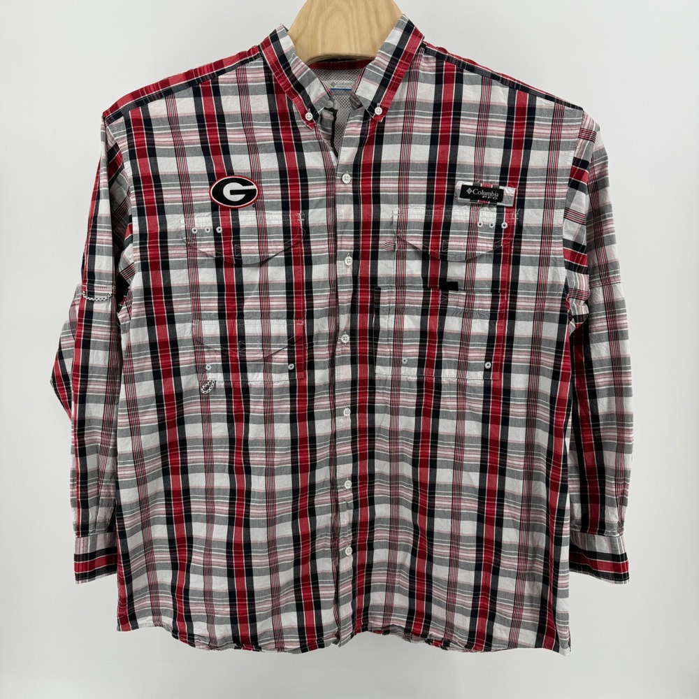 Columbia PFG Super Bonehead Georgia Bulldogs Fishing Shirt Mens Large Red Plaid - Picture 5 of 9
